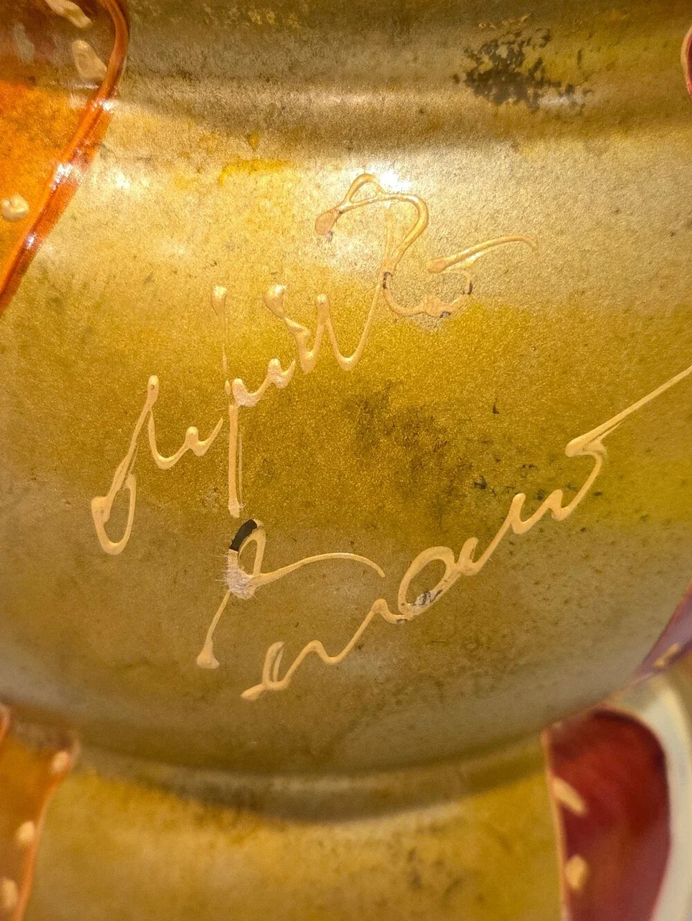 Vintage Signed By Artist Gold & Burgundy Sculptural Vase